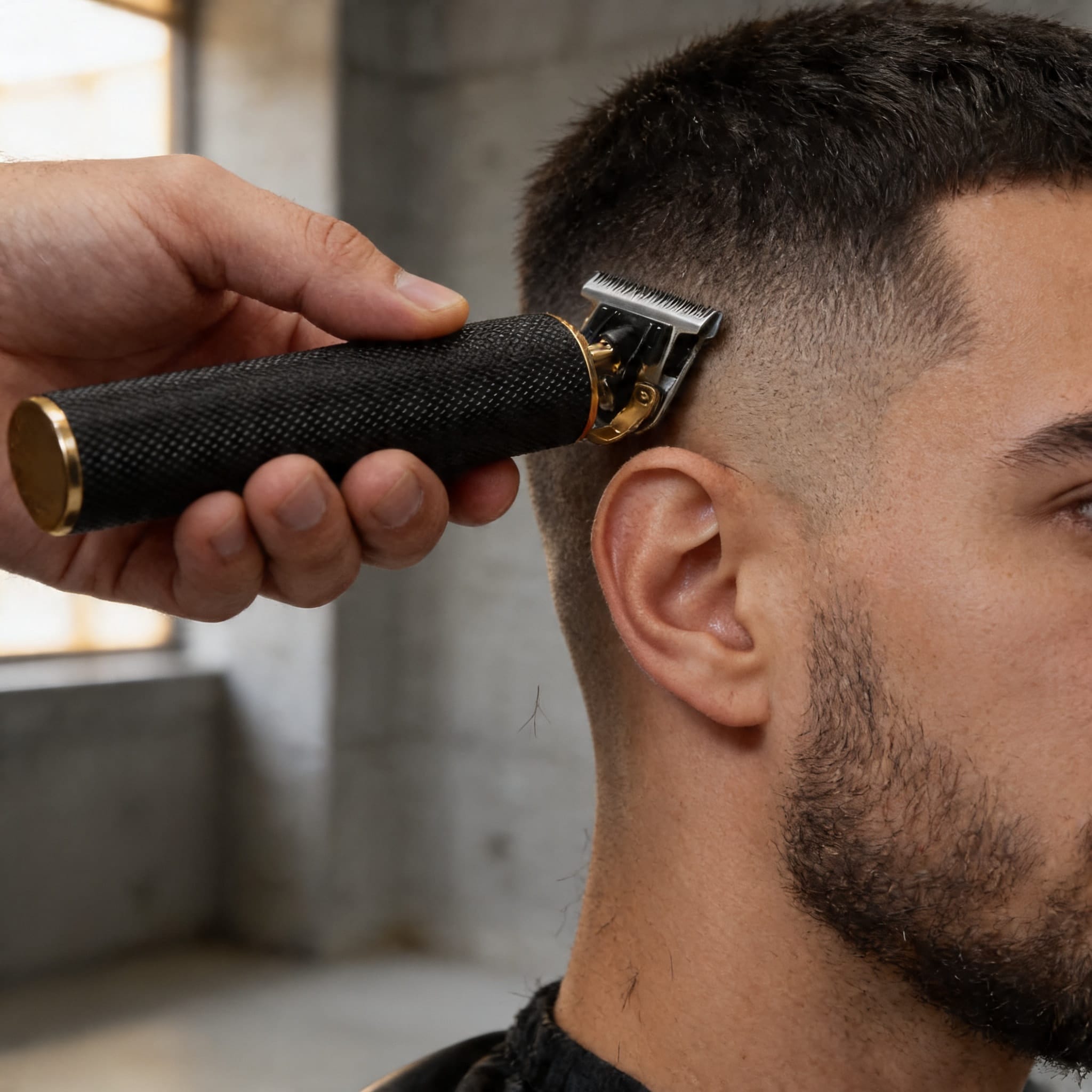 Barbier réalisant un fade homme avec une tondeuse cheveux noire professionnelle
