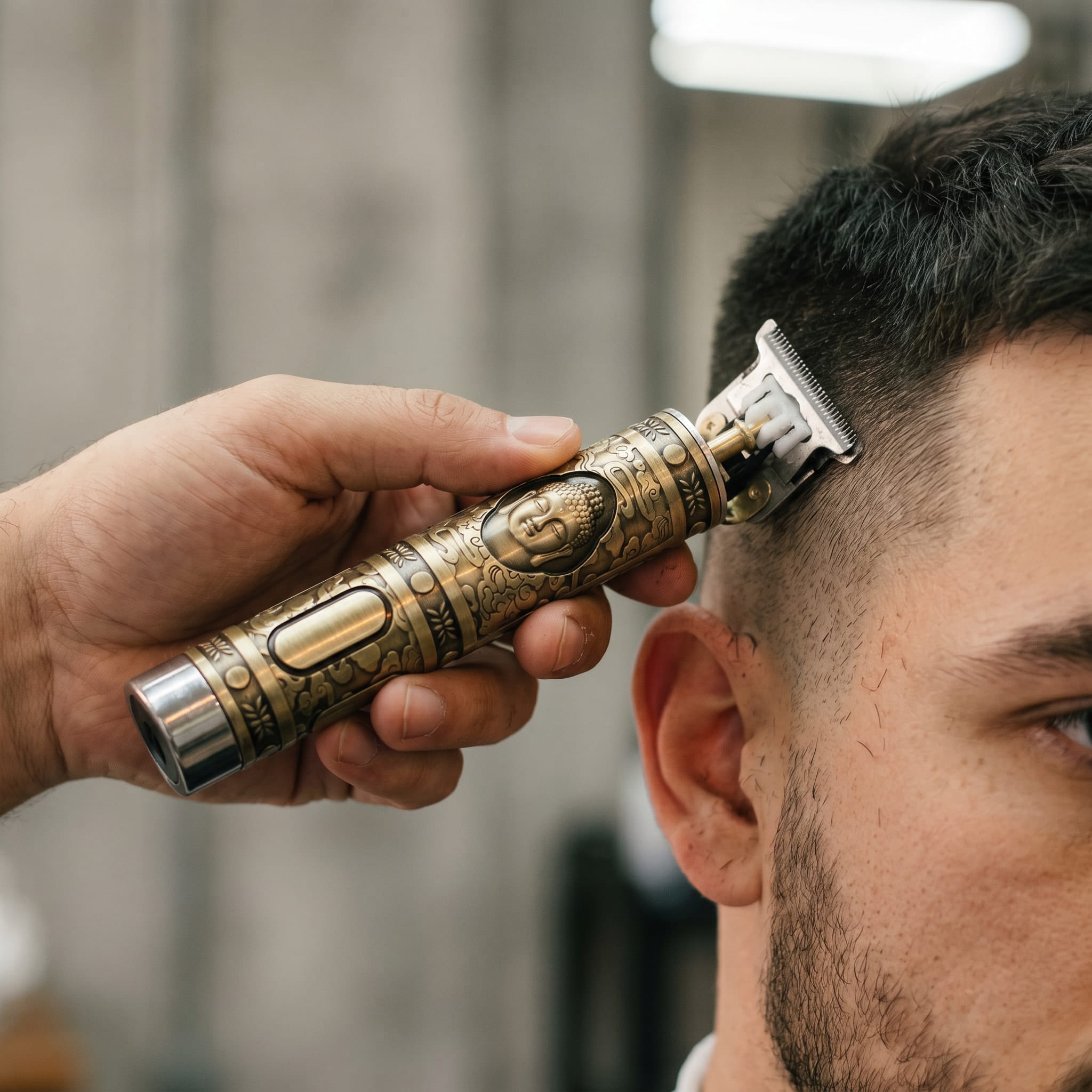 Barbier utilisant une tondeuse cheveux or gravée bouddha pour un dégradé homme