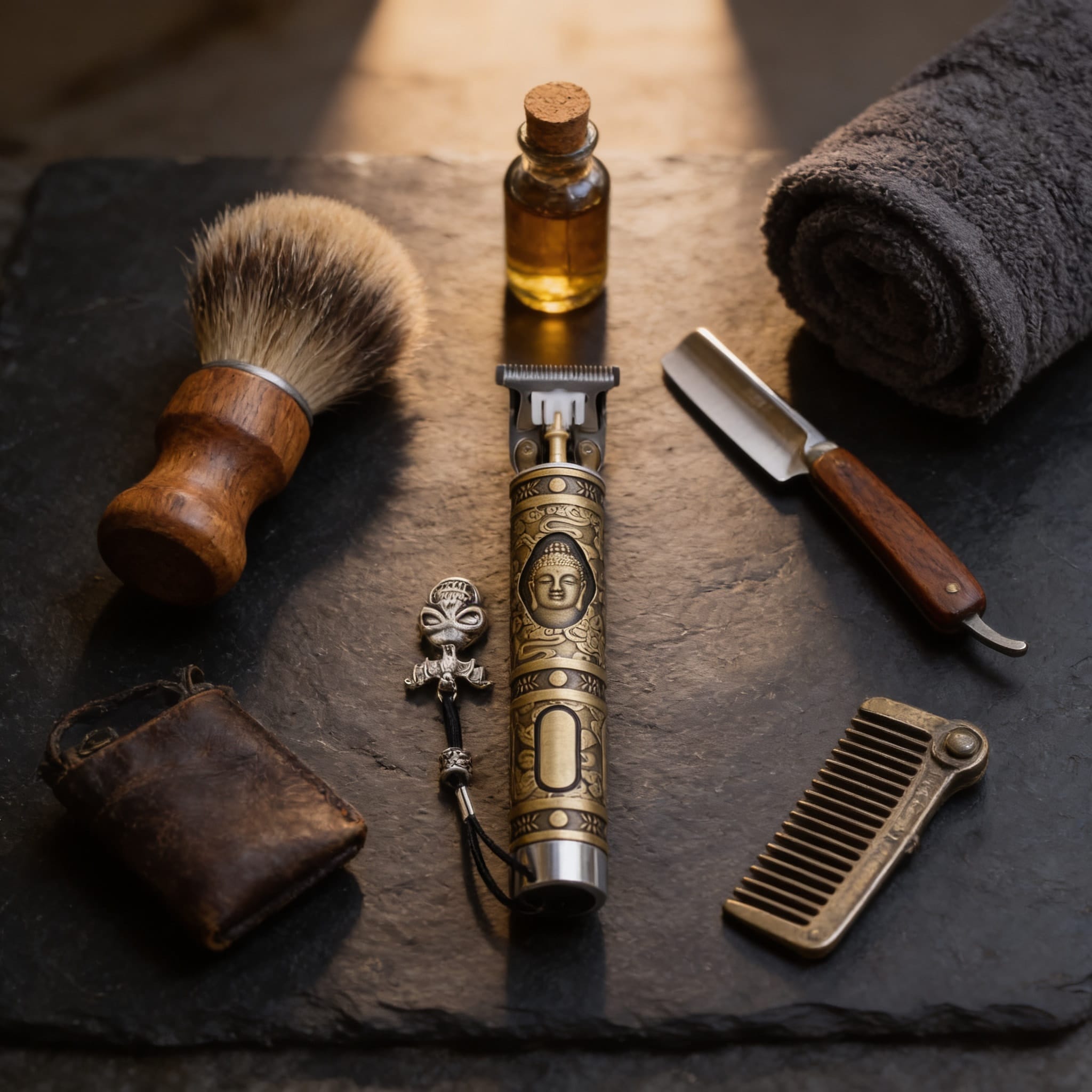 Tondeuse homme or Bouddha posée parmi les accessoires barbershop blaireau rasoir peigne et huile à barbe