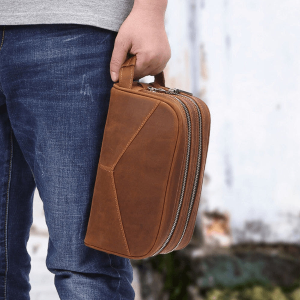 Trousse de toilette homme cuir véritable luxe cognac transport