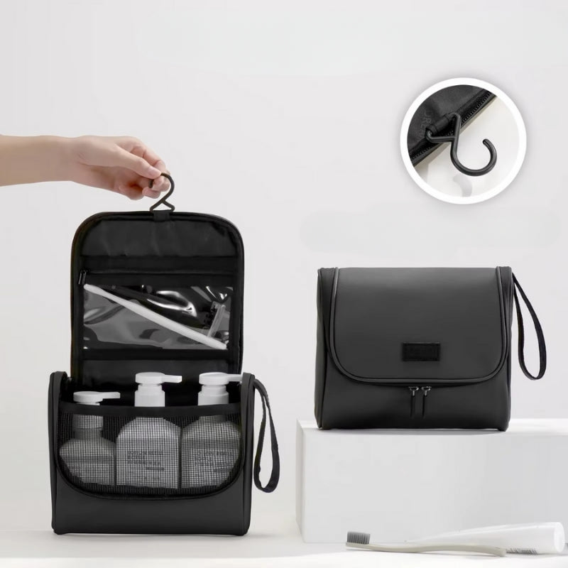 trousse de toilette suspendue noire avec crochet intégré et compartiments