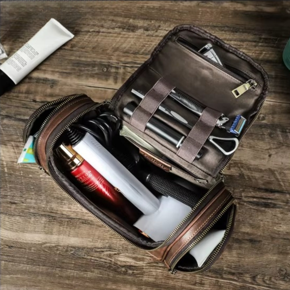 Organisateur interne trousse toilette cuir vintage homme avec produits cosmétiques et rasoir