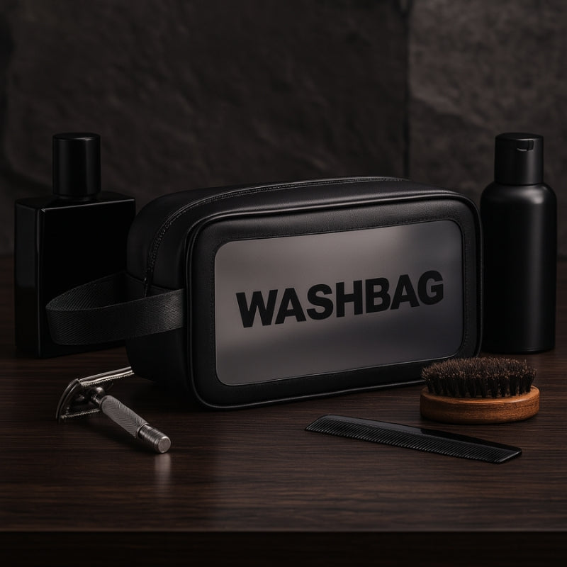 Trousse toilette homme étanche en cuir  avec produits de soins et accessoires