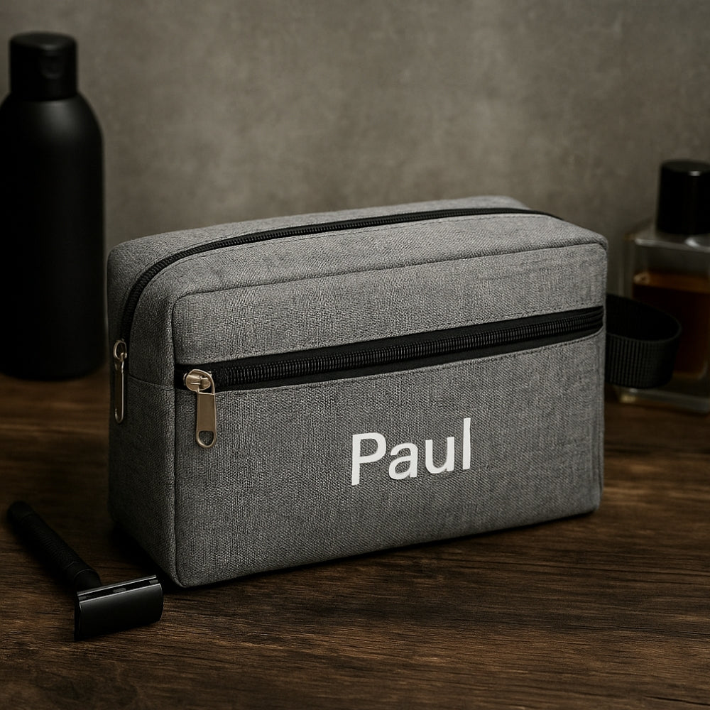 Trousse de toilette homme voyage grise personnalisable avec prénom 