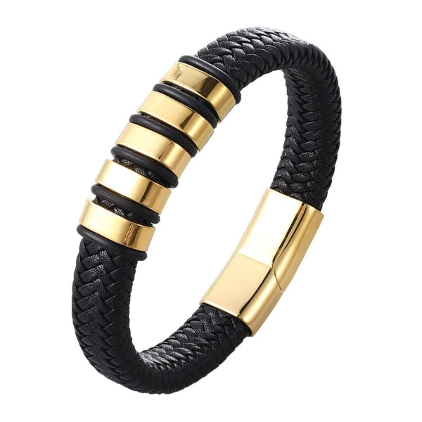 Bracelet personnalisé cuir tressé avec ses plaques à graver or
