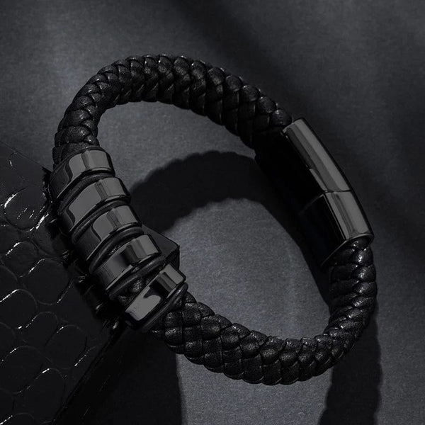 Bracelet personnalisé cuir tressé avec ses plaques à graver noir