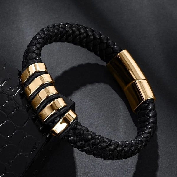 Bracelet personnalisé cuir tressé avec ses plaques à graver or