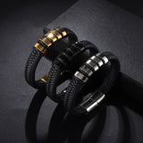 Bracelets personnalisés cuir tressé avec ses plaques à graver argent or et noir