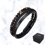 BRACELET EN CUIR NOIR DOUBLE COUCHES ET PIERRES LBDH homme