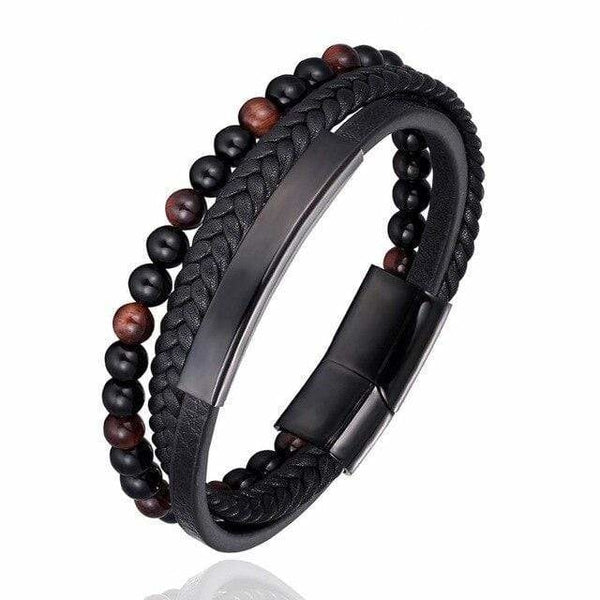 bijou-bracelet-cuir-tressé-noir-multicouche-pierres-perles-œil de taureau-homme