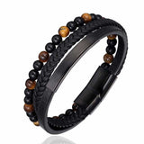 bijou-bracelet-cuir-tressé-noir-multicouche-pierres-perles-œil de tigre-homme