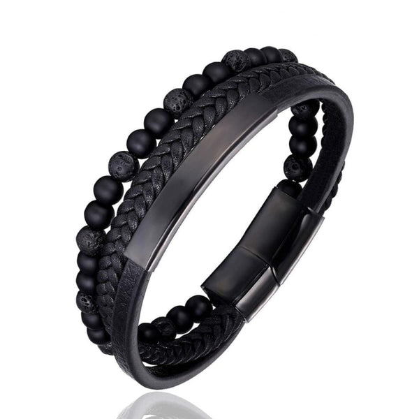 bijou-bracelet-cuir-tressé-noir-multicouche-pierres-perles-pierre de lave-homme