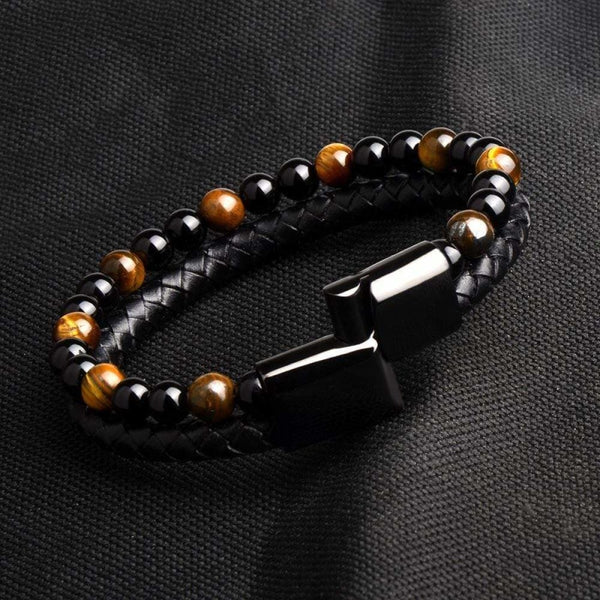 bijou-bracelet-cuir-tressé-pierres-perles-naturelles-homme-œil de tigre