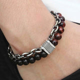 bijou-bracelet-acier-chaîne-pierres-perles-naturelles-homme-obsidienne-oeil de taureau