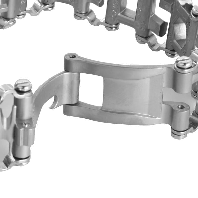 Détail du fermoir du bracelet homme outil en acier