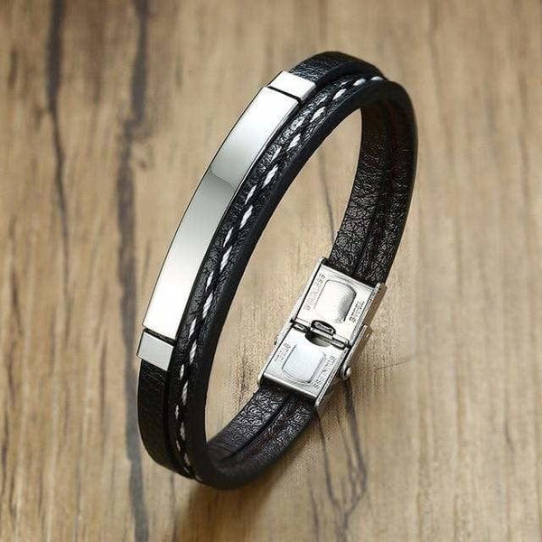 Bracelet Homme Cuir Acier Martelé 18cm | Bijouterie Montpellier