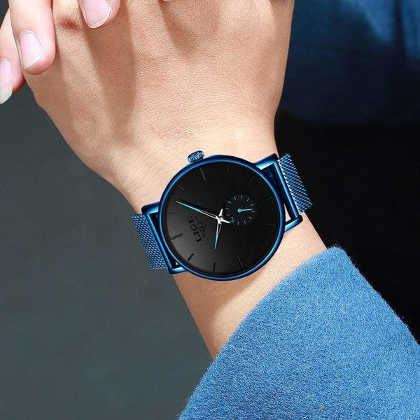 Bijou-Montre-homme-noir-bleu-maille-milanaise-acier