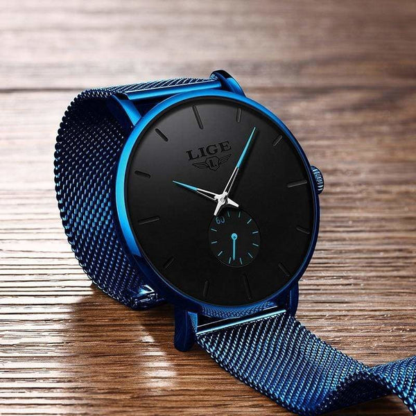 Bijou-Montre-homme-noir-bleu-maille-milanaise-acier