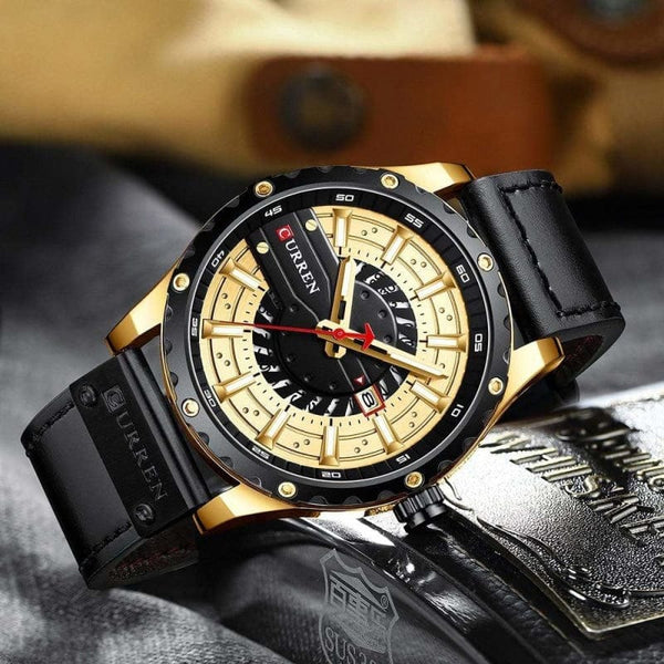 montre-homme-cuir-acier-quartz-or-noir