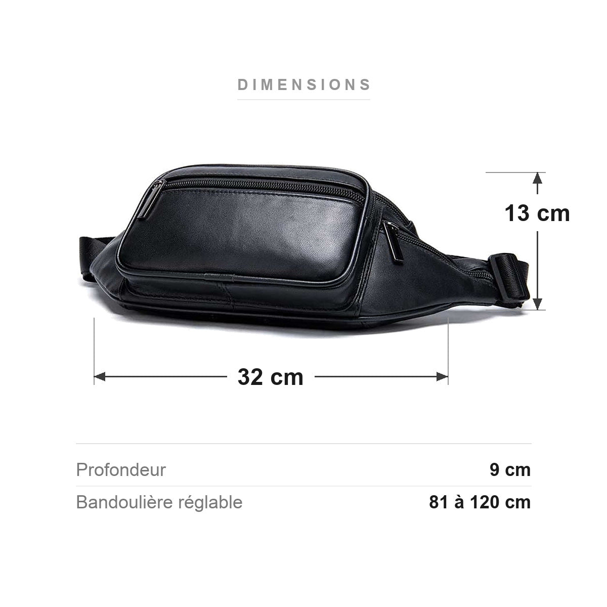 Dimensions du sac banane en cuir : 32 x 9 x 13 cm, bandoulière de 81 à 120 cm