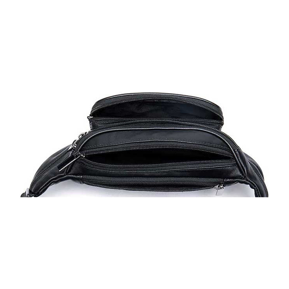 Intérieur du sac banane en cuir : trois compartiments zippés