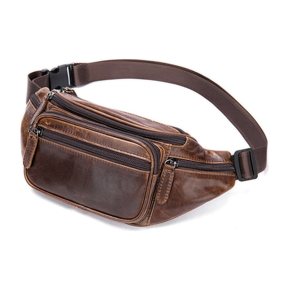 Sac banane en cuir marron foncé vu de trois quarts