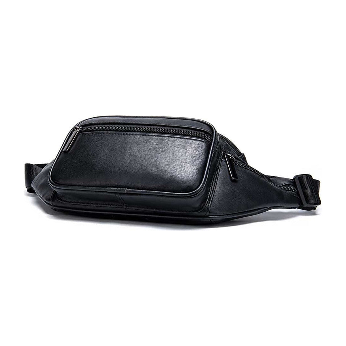 Sac banane en cuir noir vu de face, poche zippée avant