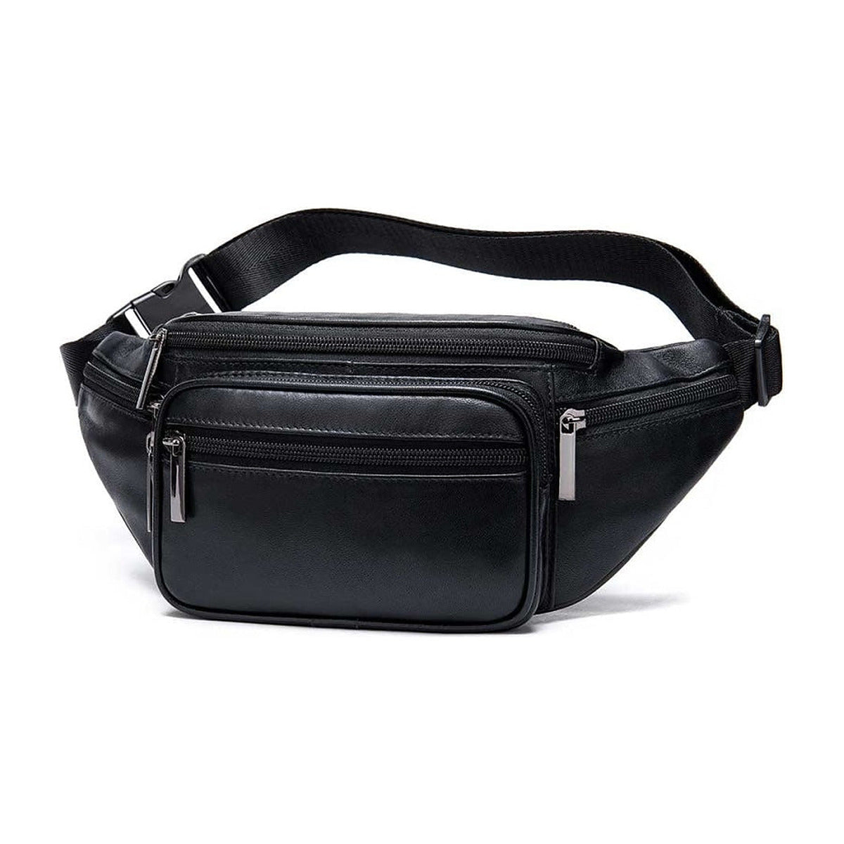 Sac banane en cuir noir de trois quarts avec sa bandoulière