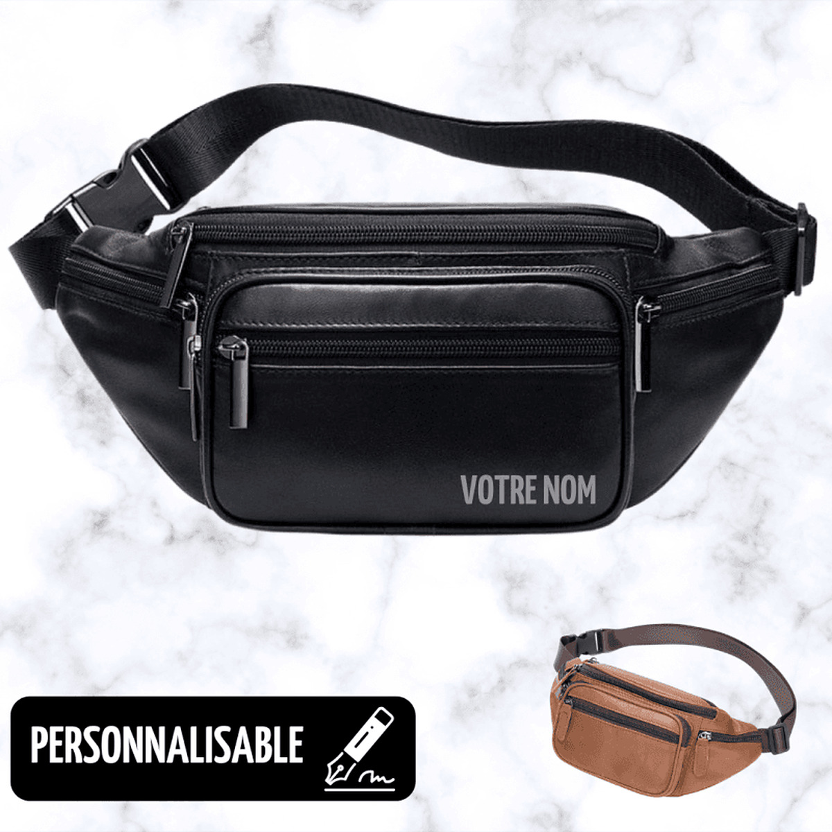 Sac banane personnalisé en cuir noir avec prénom gravé au laser